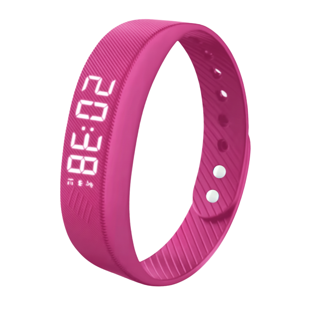 Relógio despertador de pulseira silencioso Arlohe com pulseira rosa, visível na imagem.