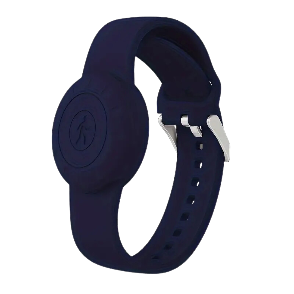 Pulseira de silicone para AirTag da Universal, em azul escuro, com fecho ajustável e design resistente.