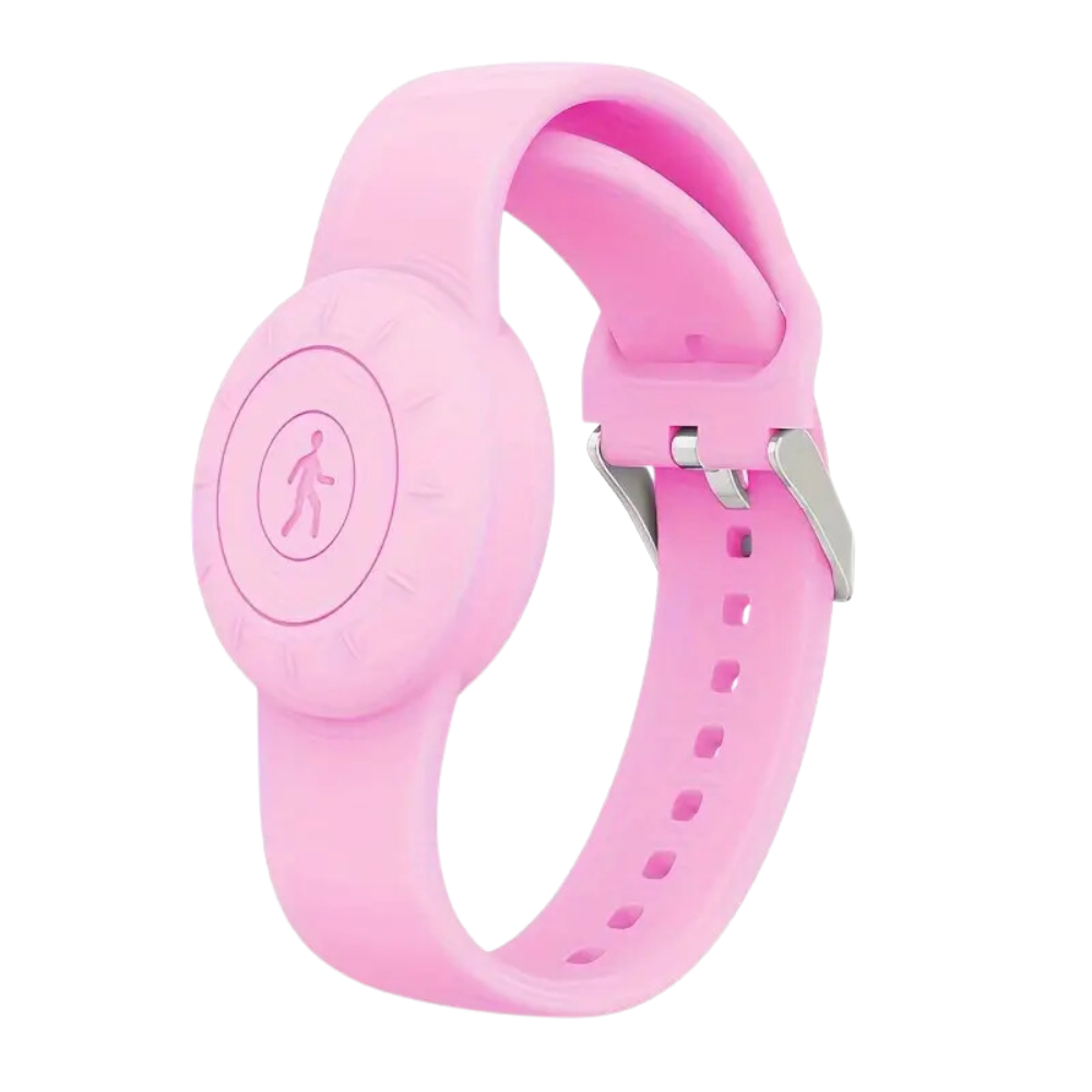 Pulseira de silicone para AirTag da Universal, em rosa, com design flexível e confortável para usar no pulso.