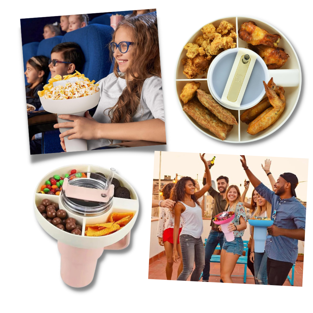 Anel de silicone para snacks em copos Stanley, acessório de cozinha da marca Smachin, com variedade de alimentos visíveis.