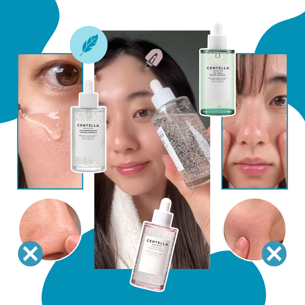 Sérum à la Centella Skin1004 en flacons-ampoules, cosmétique pour soin du visage, avec texture fraîche et hydratante.
