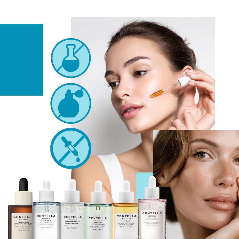 Sérum à la Centella Skin1004 en flacons-ampoules, cosmétique hydratante et apaisante pour la peau.