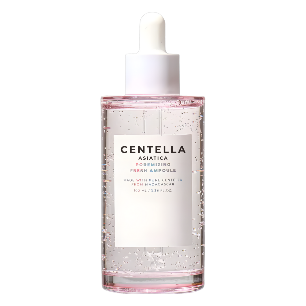Série de sérums à la Centella Skin1004 en flacons-ampoules pour soins de la peau, visibles avec compte-gousses et flacons transparents.