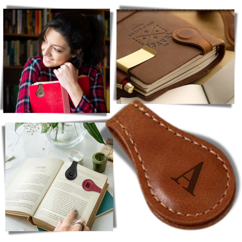 Marcador de página magnético de couro personalizado Menrkoo, com design elegante e acabamento sofisticado.