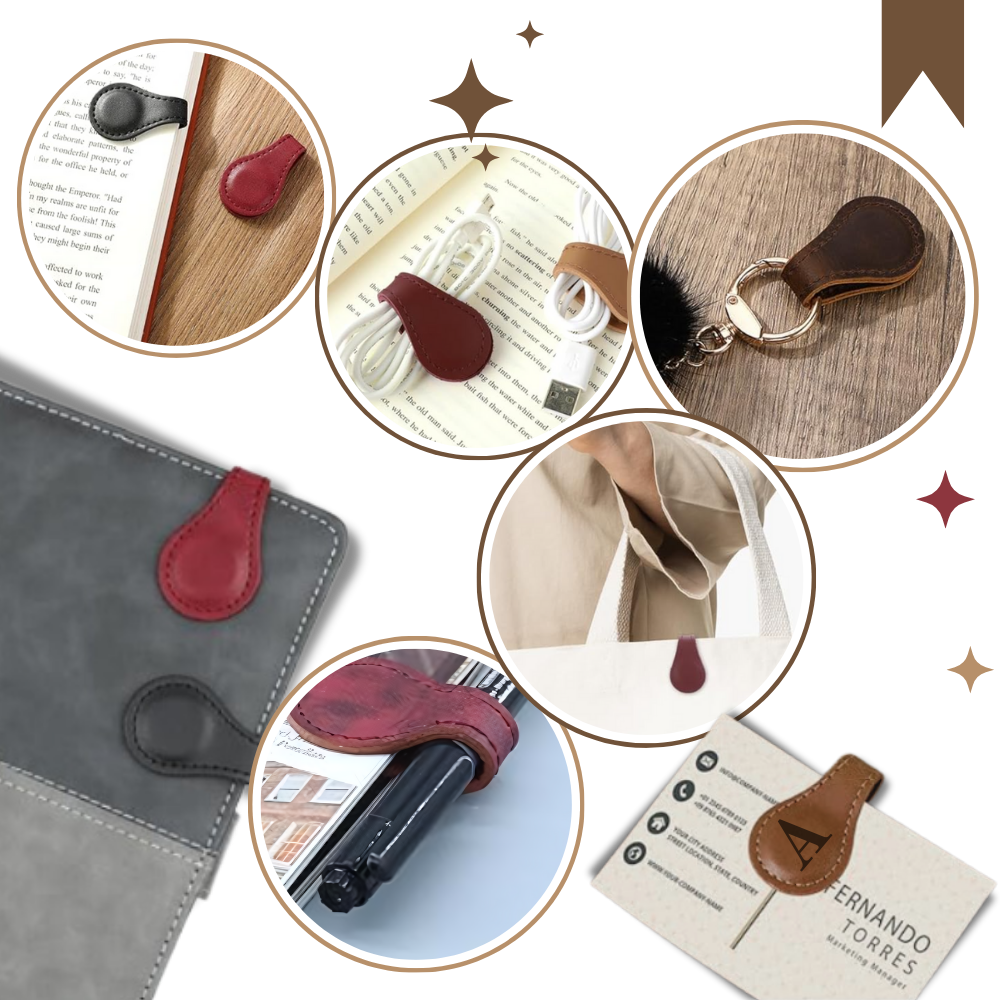 Marca página magnético de couro personalizado da Menrkoo, com design elegante e multiuso, ideal para marcar páginas de livros.
