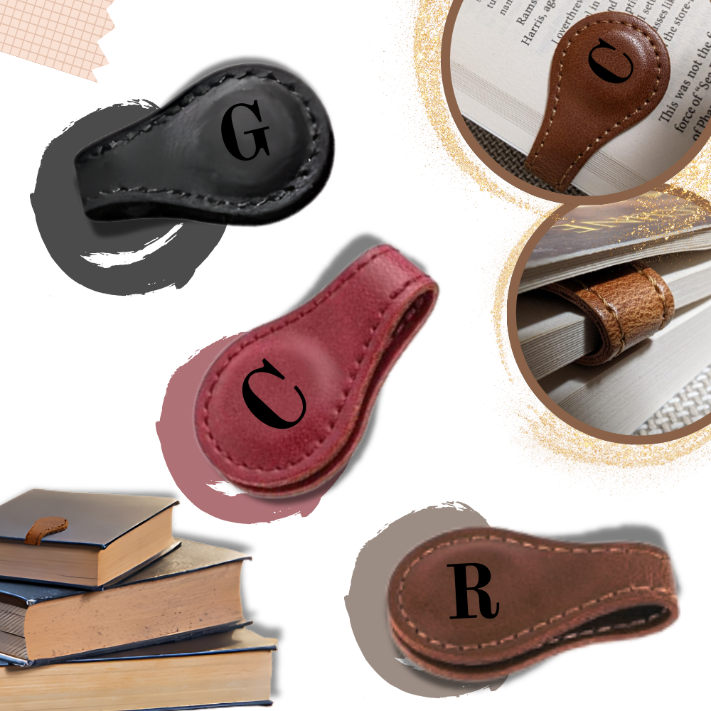 Marcador de página magnético em couro personalizado da Menrkoo, com acabamento elegante e design funcional para livros.