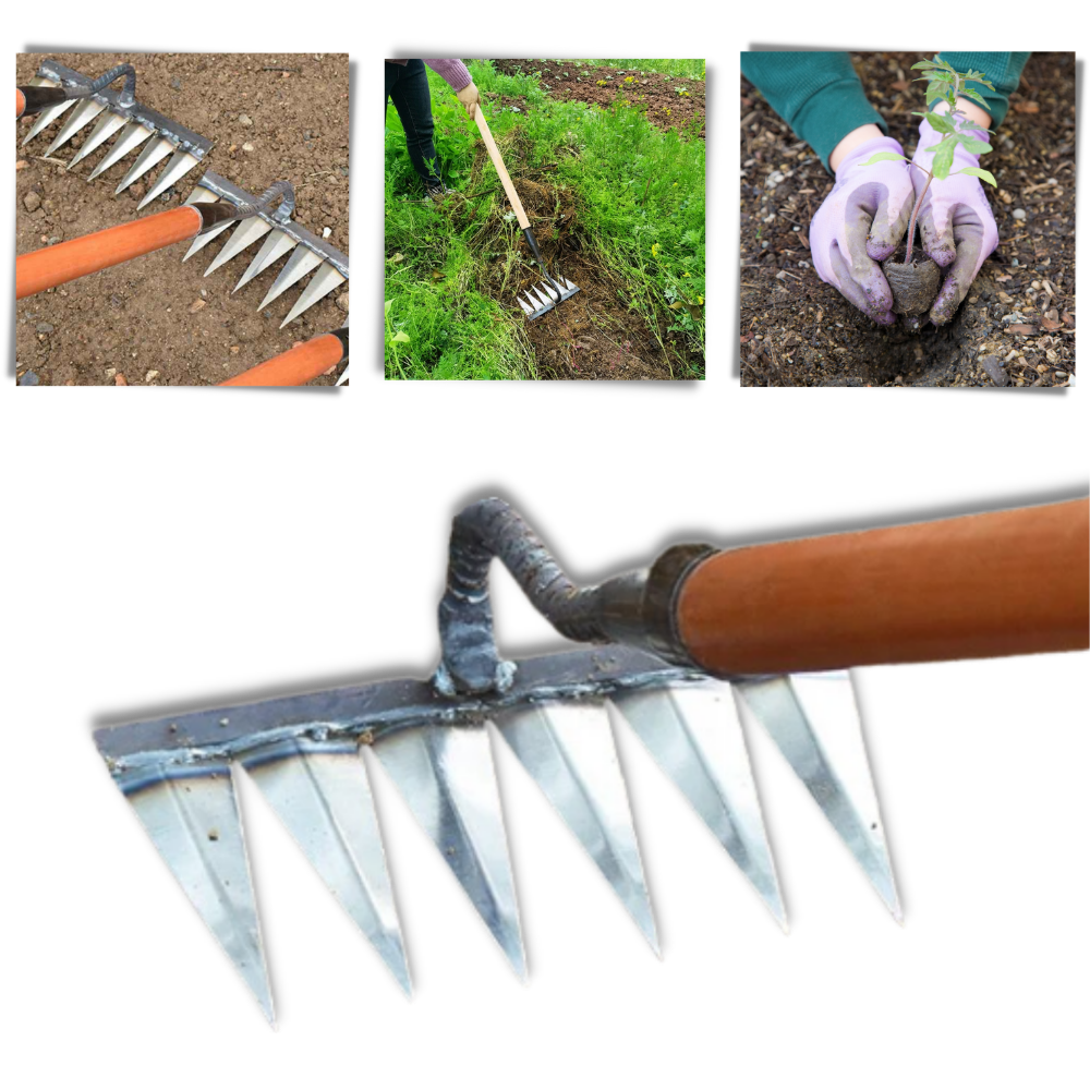 Scarificateur de jardin rápido da marca Slhenay com quatro dentes, usado para arejar e melhorar o solo do jardim.