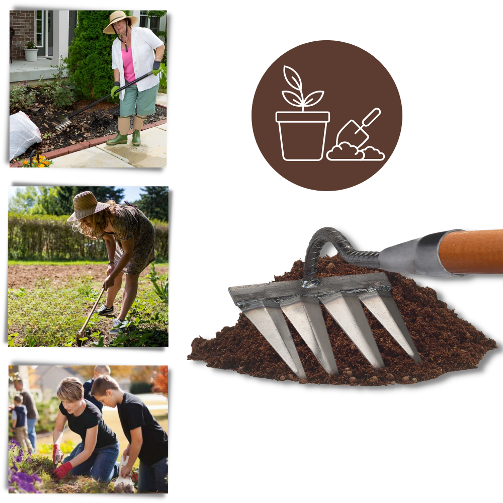 Scarificateur de jardin Slhenay com 4 dentes para arejar o solo rapidamente, ferramenta de jardinagem eficiente.