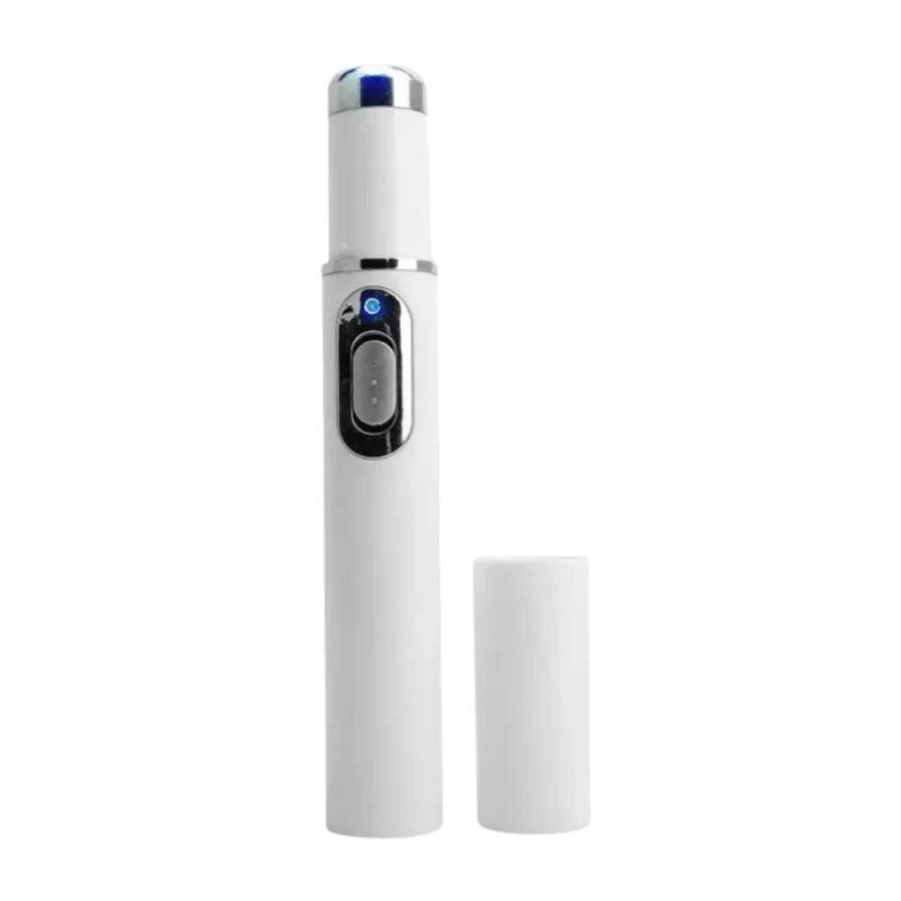 Caneta a laser azul da Smallbee para cosméticos, usada na eliminação de manchas na pele, com ponta fina e design compacto.