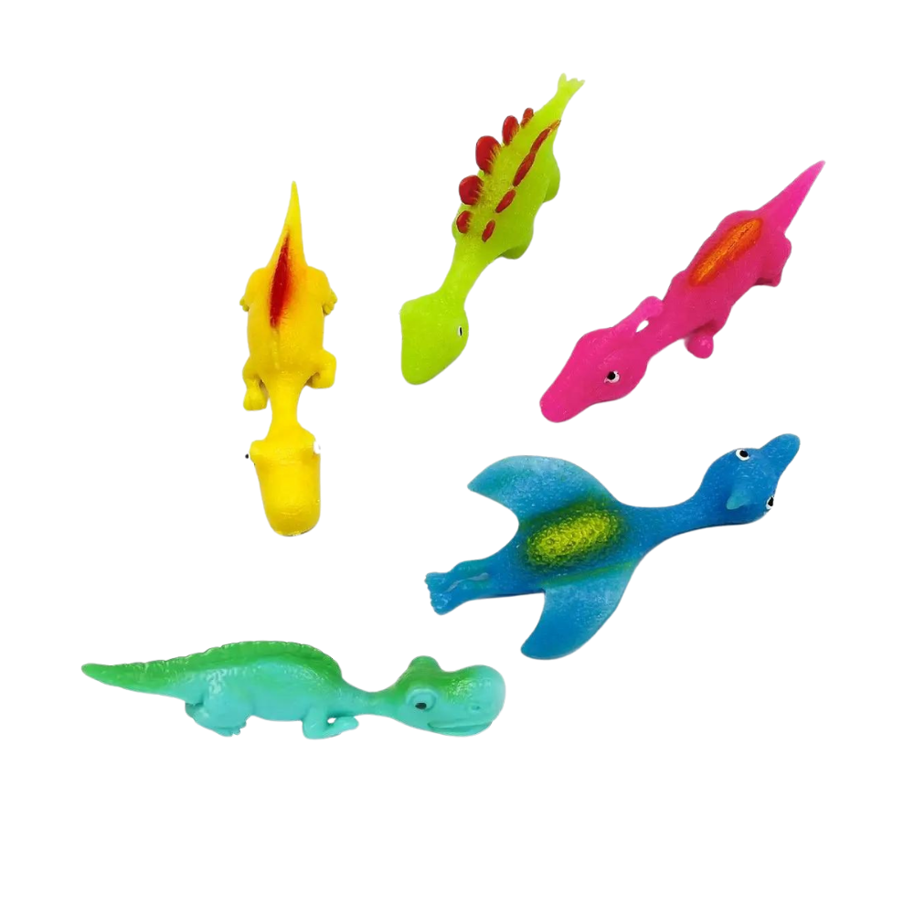 Kit de 5 catapultes de dinossaures da marca Smallbee, brinquedos divertidos para crianças, com cores vibrantes e design de dinossaures.