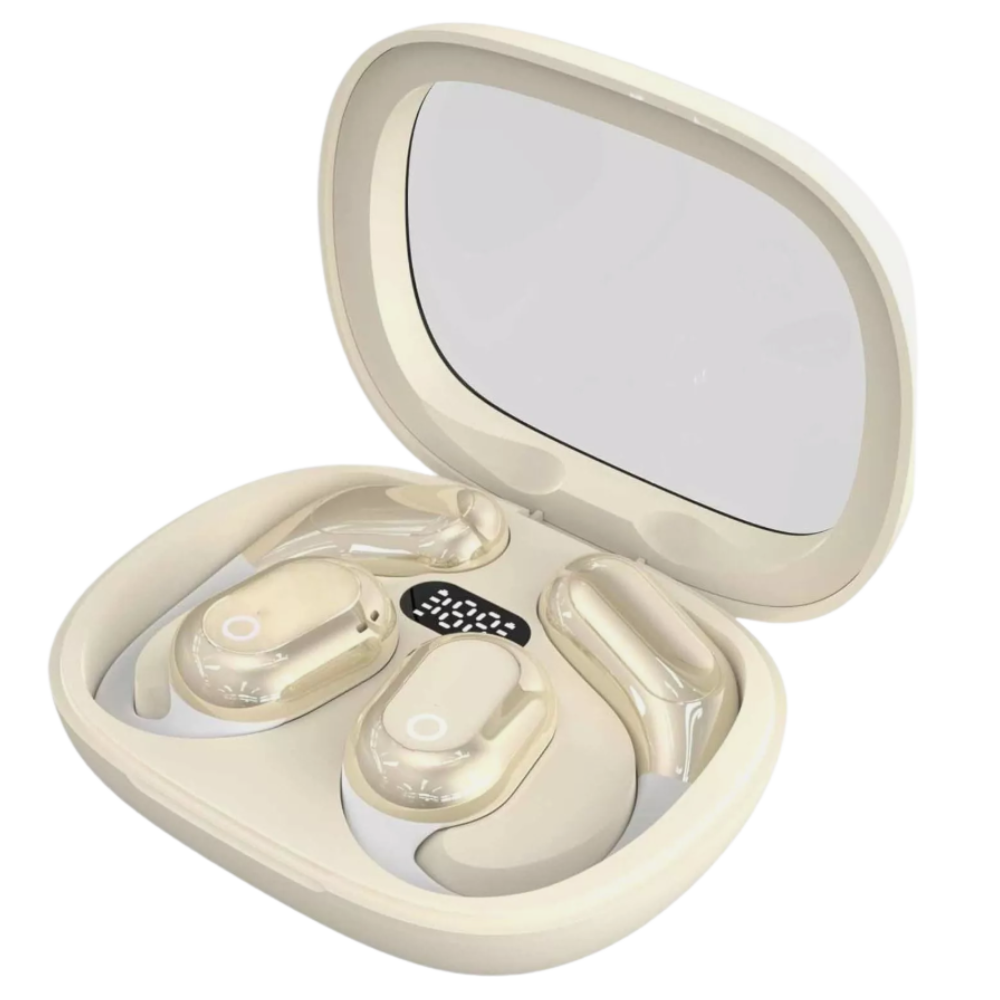 Fones de ouvido Bluetooth Joygrow para tradução, com design beige e componentes de áudio wireless em destaque.