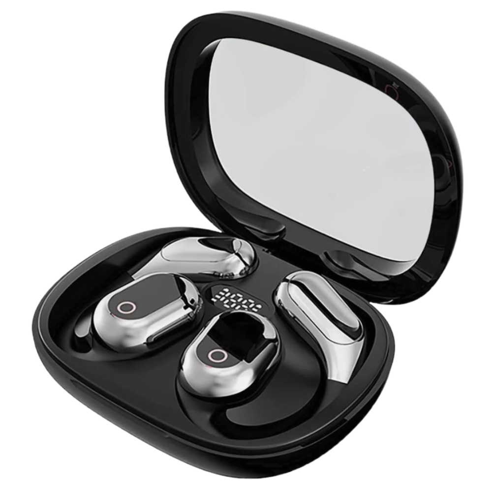 Fones de ouvido Bluetooth Joygrow para tradução com design preto, componentes de áudio para comunicação inteligente.