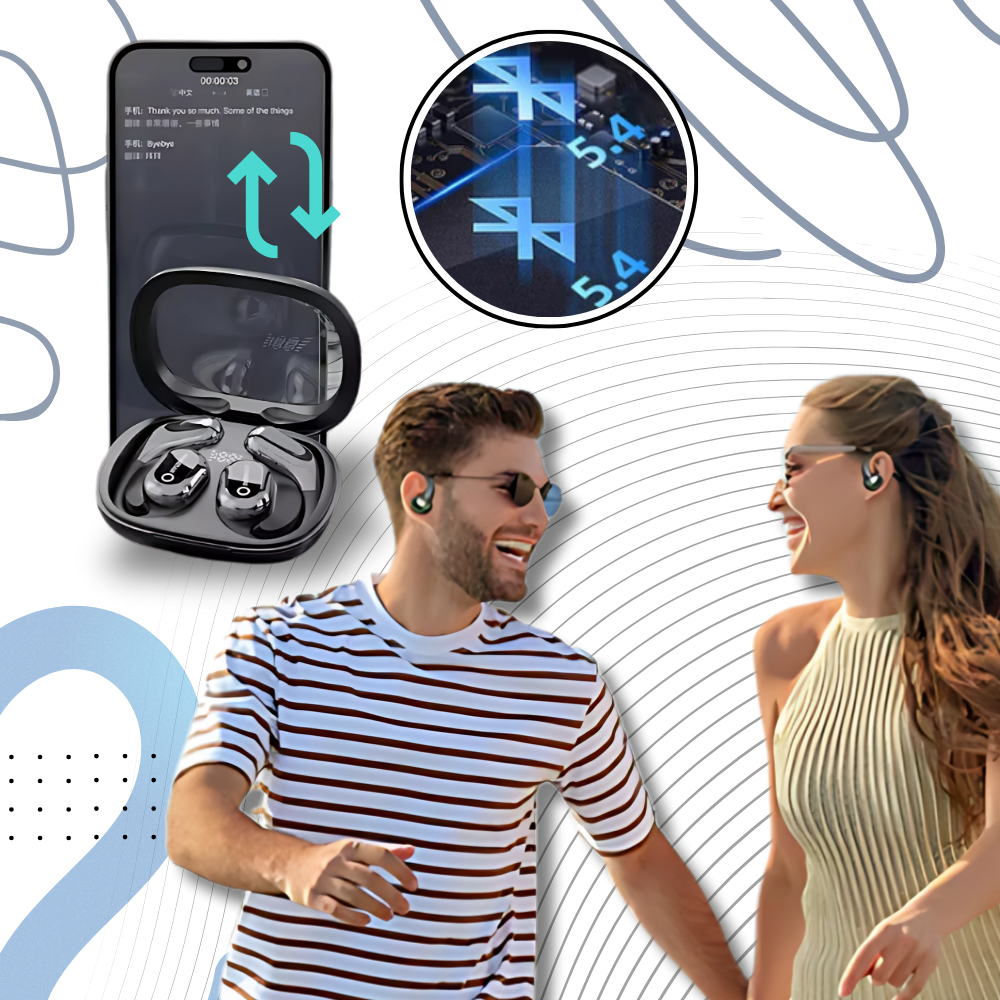 Fones de ouvido Bluetooth Joygrow para tradução, com design compacto e conectividade sem fio, ideal para comunicação multilíngue.