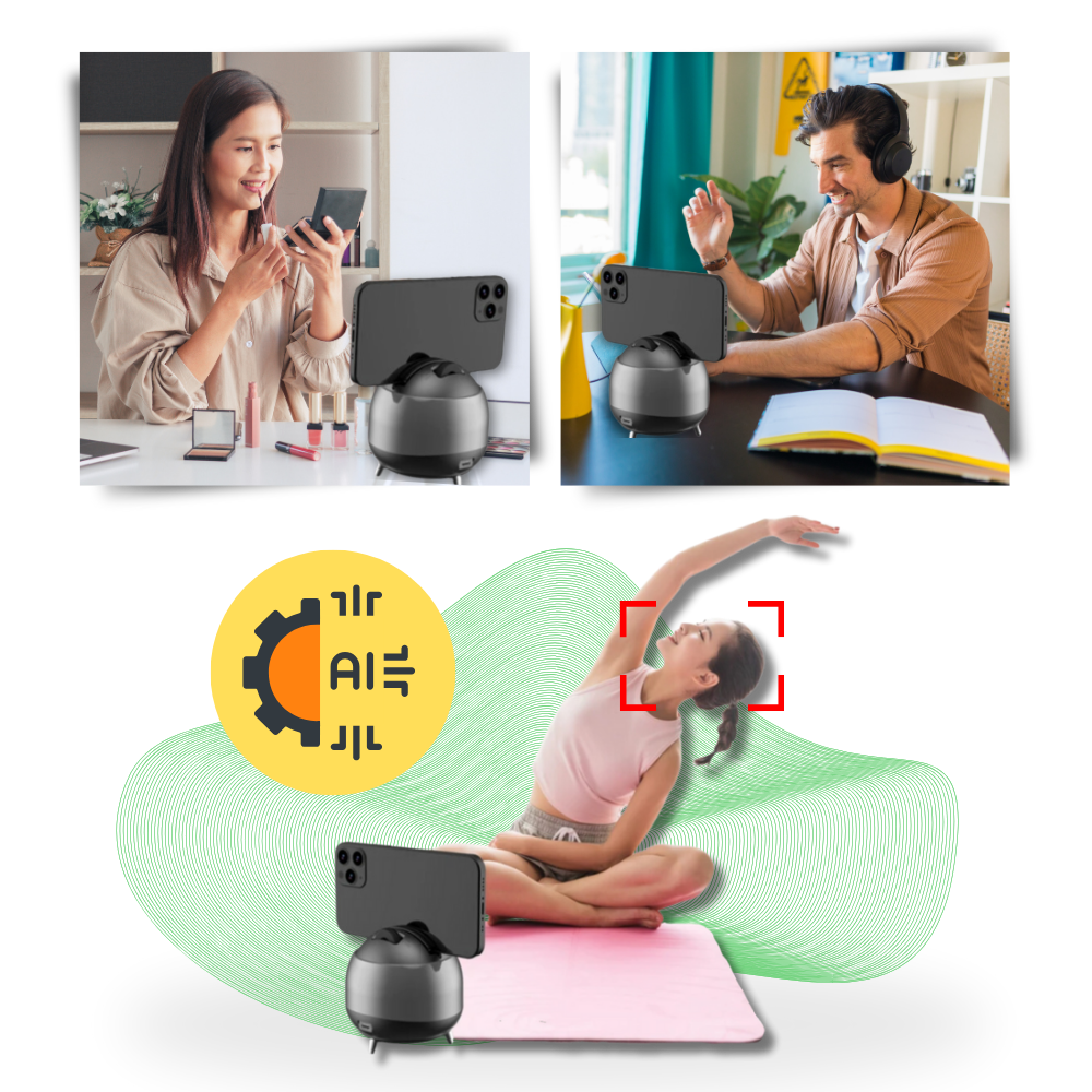 Gimbal inteligente Golden Blue com rastreamento automático de 360° para câmeras e equipamentos fotográficos.