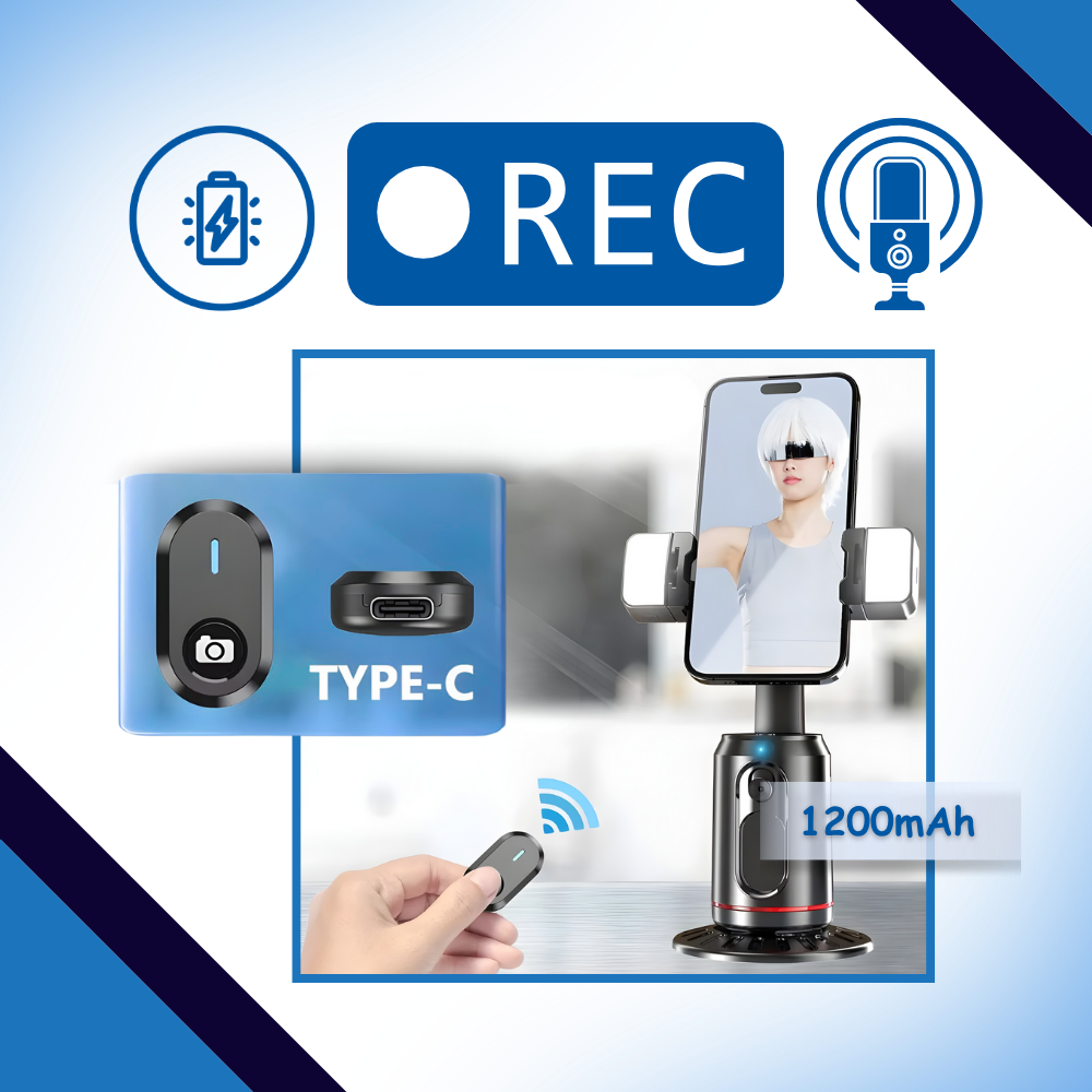 Suporte para telefone inteligente Maboto com estabilizador, IA de rastreamento e carregamento rápido, compatível com câmeras e acessórios.
