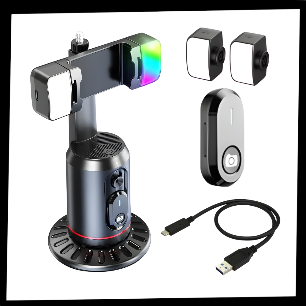Suporte para celular com estabilizador e IA de rastreamento Maboto, acessório compacto para smartphones com câmera.