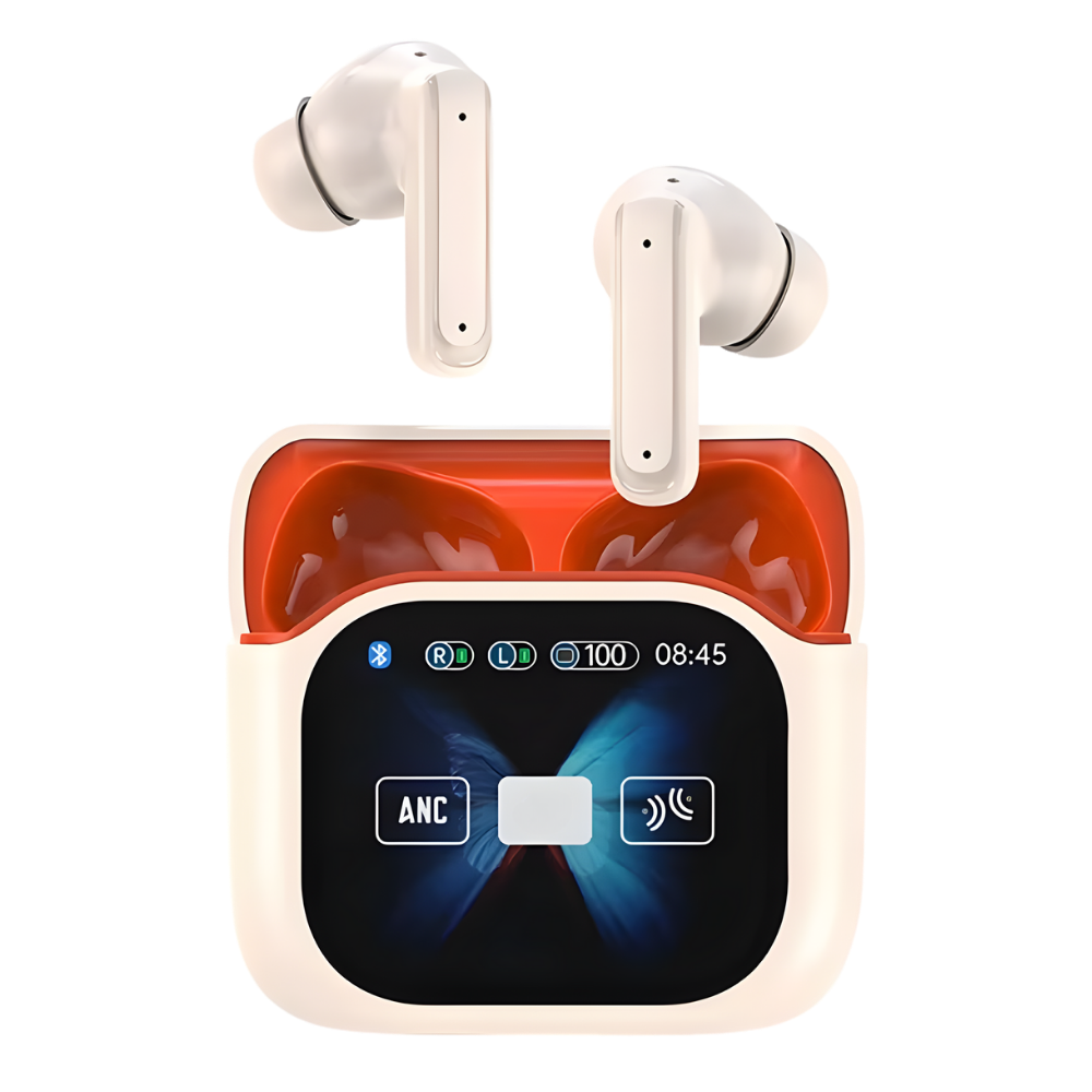 Fones de ouvido Bluetooth Lelisten com cancelamento de ruído, visor de toque, cor bege, componentes de áudio de alta qualidade.