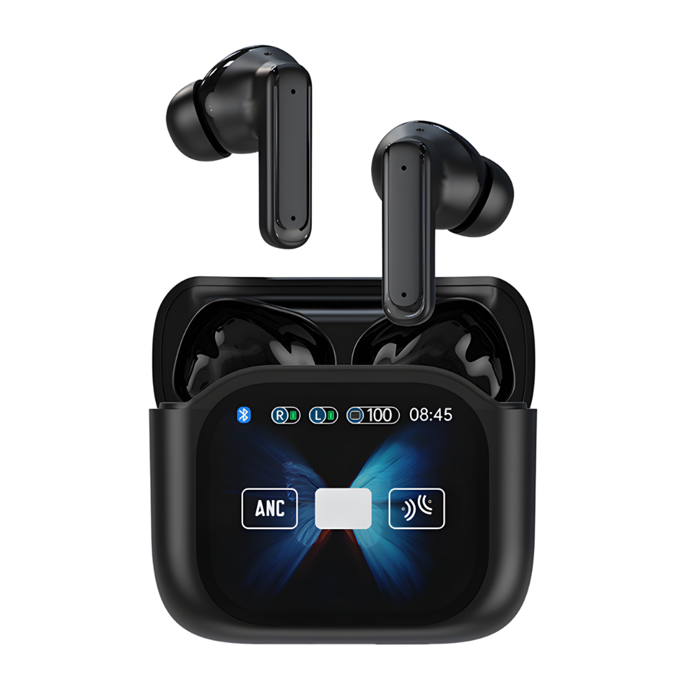 Fones de ouvido Bluetooth com cancelamento de ruído e tela sensível ao toque, marca Lelisten, na cor preta.