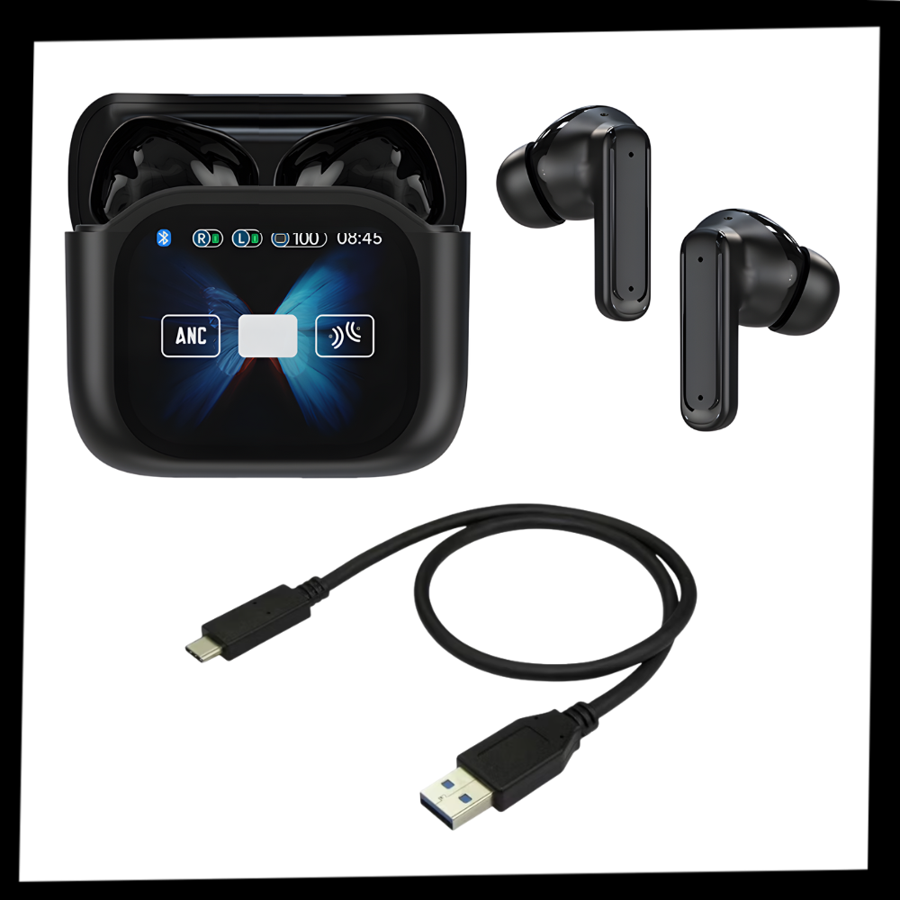 Fones de ouvido Bluetooth Lelisten com cancelamento de ruído e tela sensível ao toque, mostrados na embalagem.