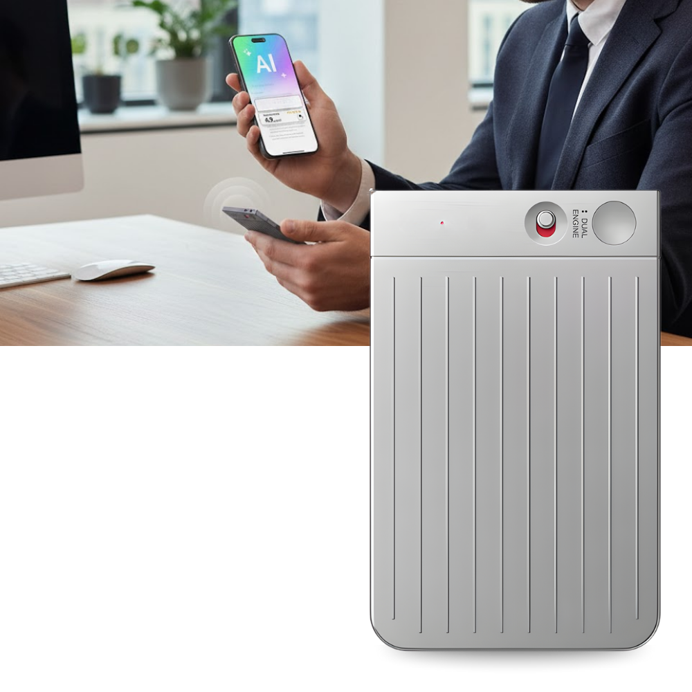 Transcritor de áudio Smart Note da Newyes, dispositivo de gravação e transcrição de voz em design compacto e portátil.