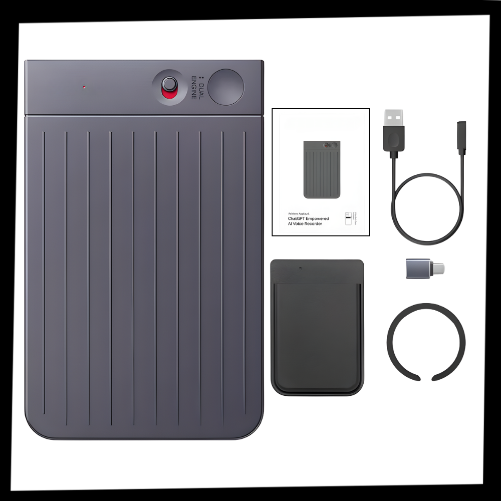 Dispositivo Smart Note da Newyes, transcritor de áudio portátil com microfone e controles, usado para gravação e transcrição de voz.
