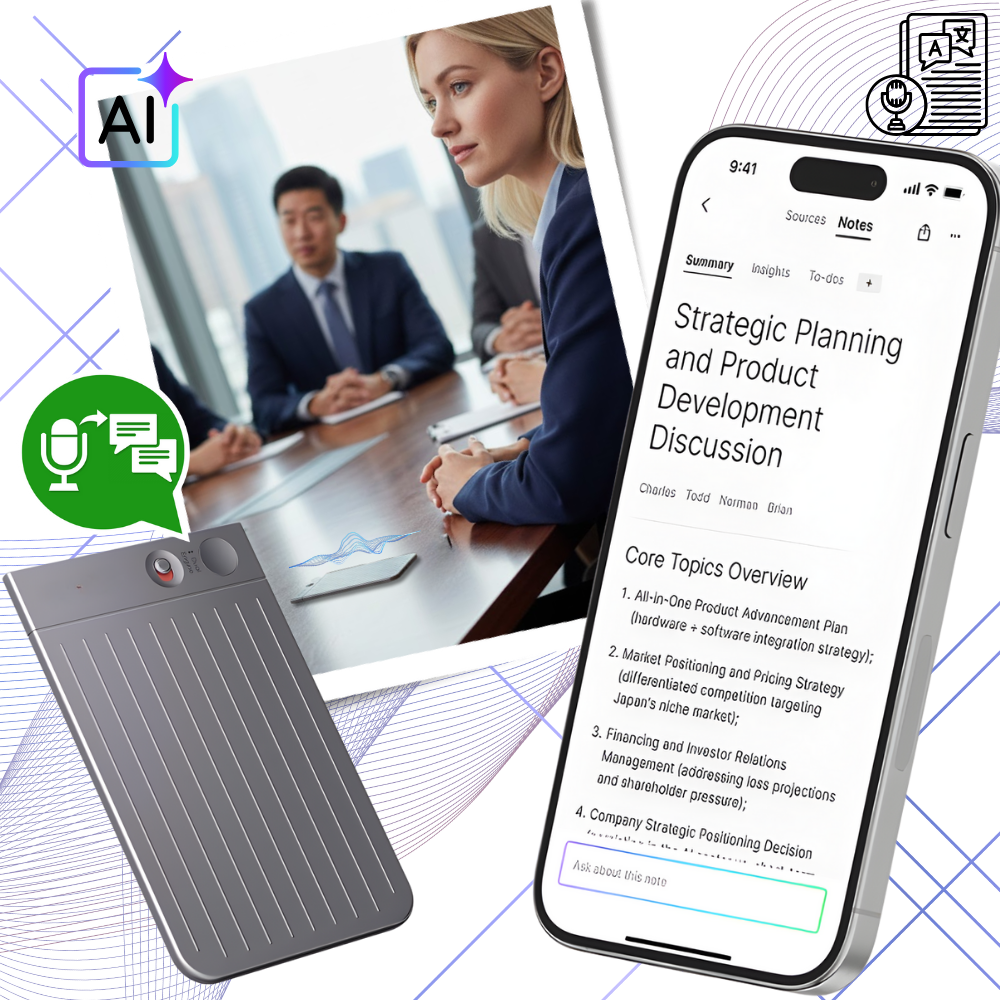 Transcritor de áudio Smart Note da Newyes, dispositivo portátil de gravação e transcrição de áudio com tela e botões.