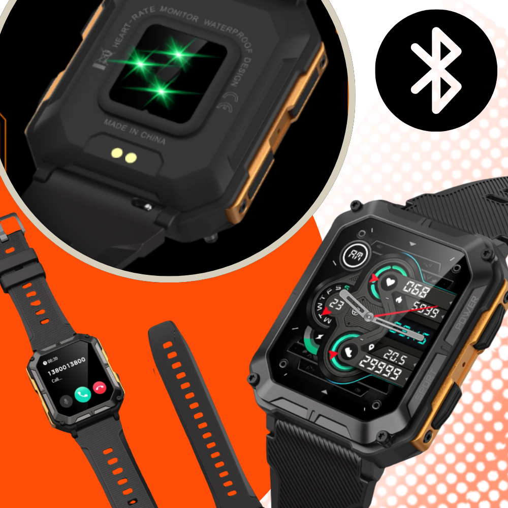 Relógio militar inteligente Meterk com design tático, visor digital e funções de monitoramento de saúde e esforço físico.