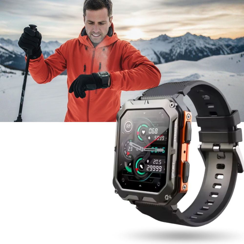 Relógio inteligente militar da Meterk com design tático e funções de saúde, exibido com pulseira resistente e visor digital.