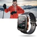 Relógio inteligente militar da Meterk com design tático e funções de saúde, exibido com pulseira resistente e visor digital.