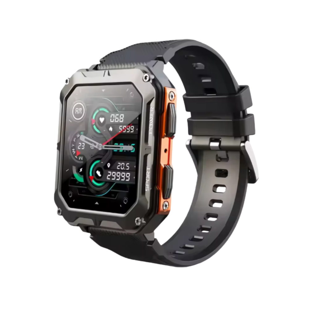 Relógio militar inteligente da Meterk com pulseira laranja, visor digital e design tático robusto para uso ao ar livre.