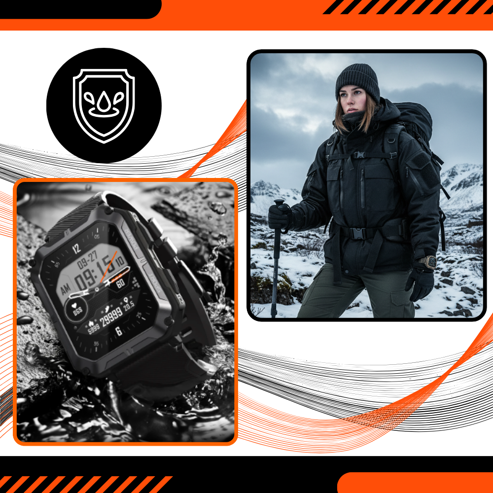 Relógio tático militar inteligente Meterk com design robusto, visor digital, resistência à água e funcionalidades de saúde.