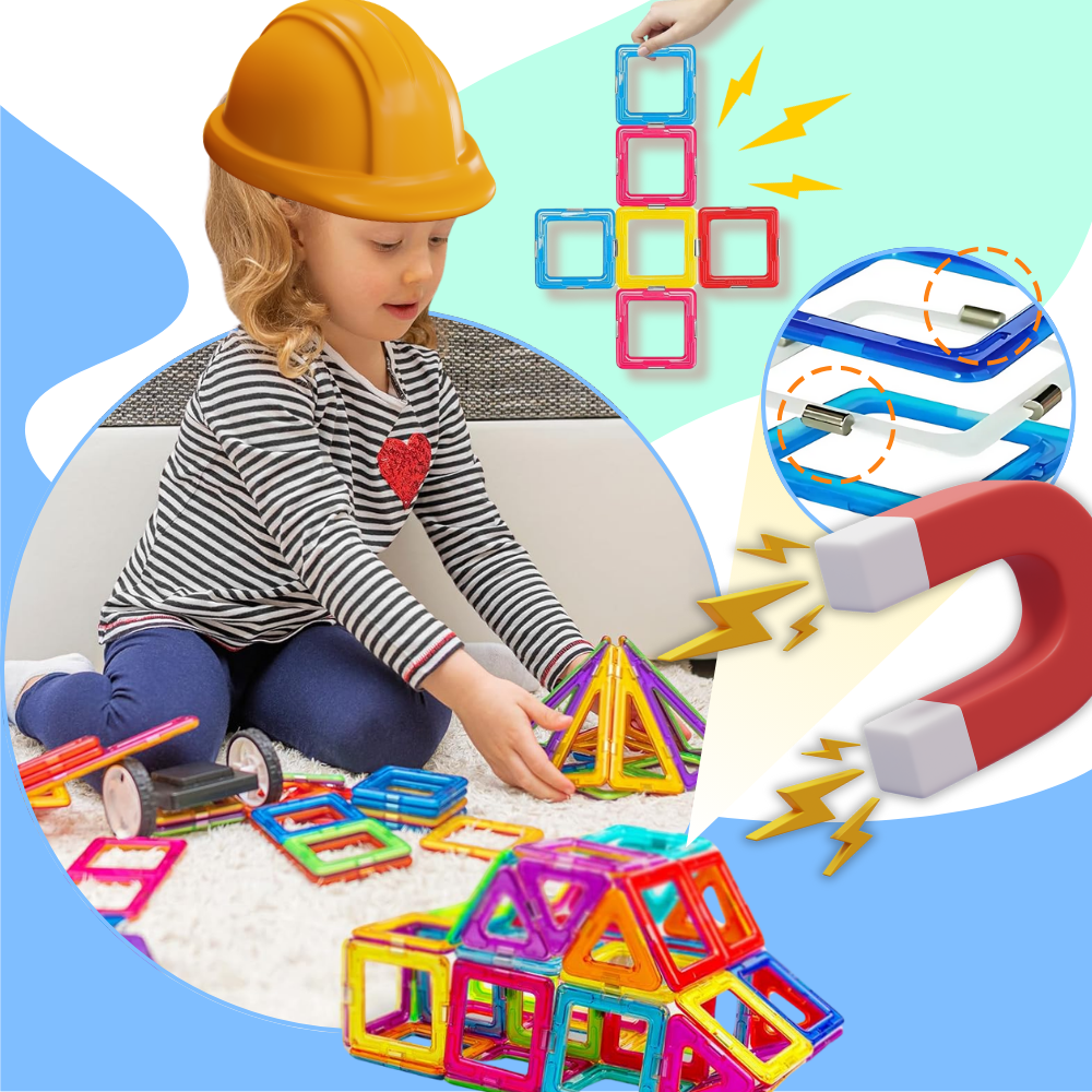 Blocos de construção magnéticos da Netjett, brinquedo de montagem com peças coloridas para criar formas e estruturas.