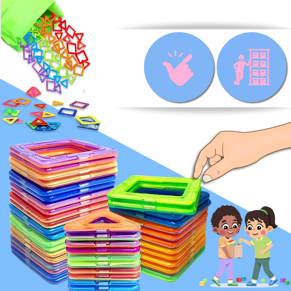 Blocos de construção magnéticos Netjett, armazenamento de brinquedos de montar com encaixes coloridos e design compacto.