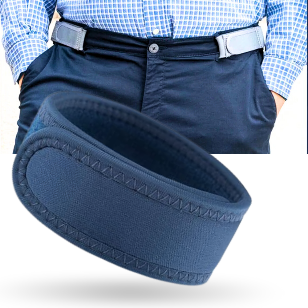 Cintura elástica sem fivela Kuluzego, faixa ajustável com design sem fivela, vista lateral, material flexível e confortável.