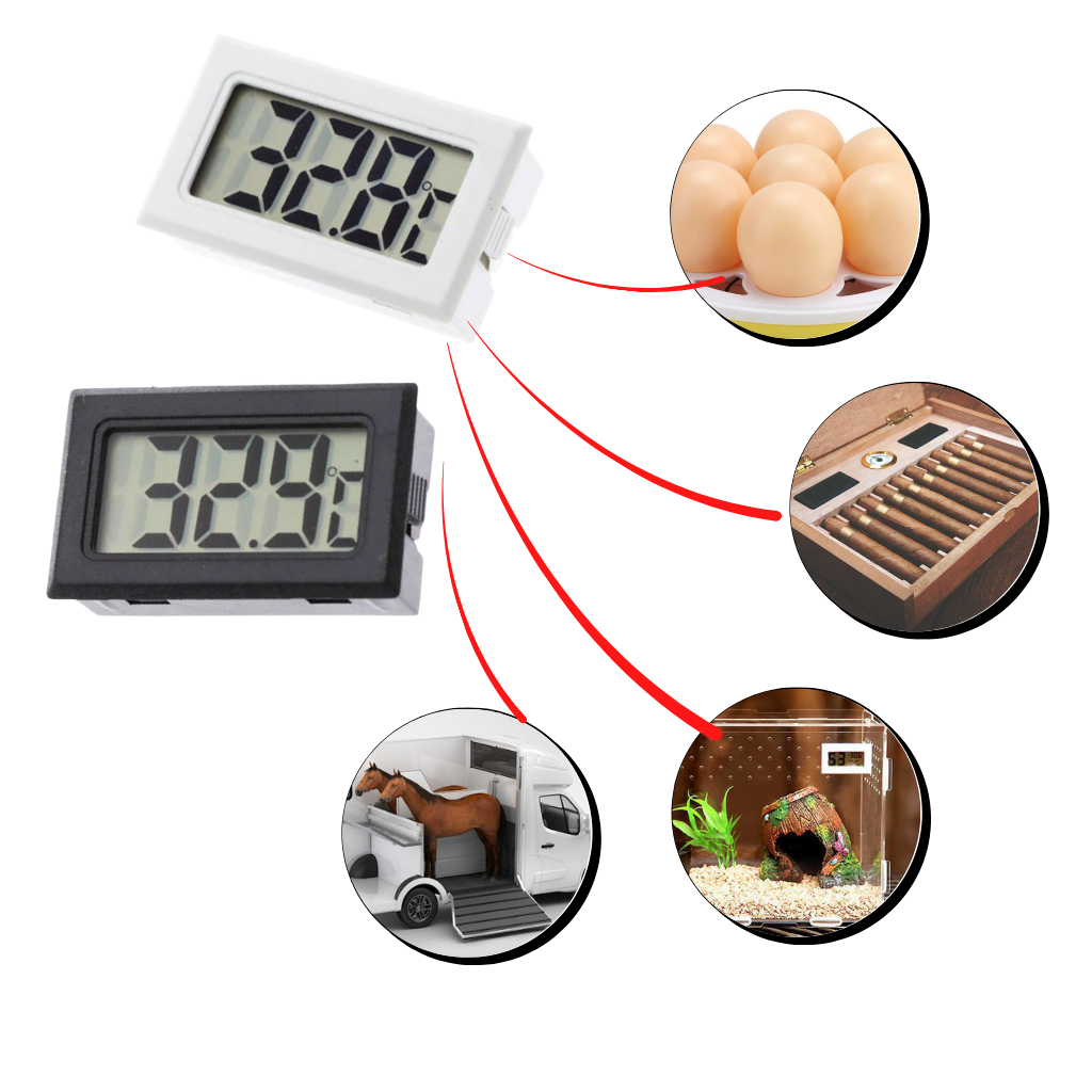 Mini termômetro e higrômetro digital Sodial, com tela LCD, para medição de temperatura e umidade em ambientes domésticos.