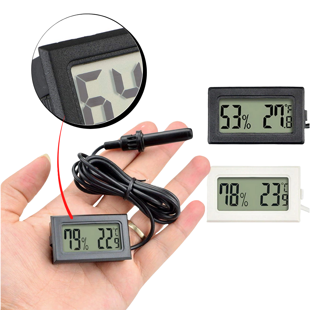 Mini termômetro e higrômetro digital Sodial, dispositivo com tela LCD para medição de temperatura e umidade.