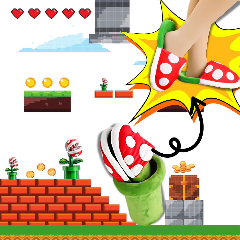 Pantuflas de pelúcia do Mario com planta piranha, estilo confortável, da Focusnorm, para usar em casa com tema de videogame.