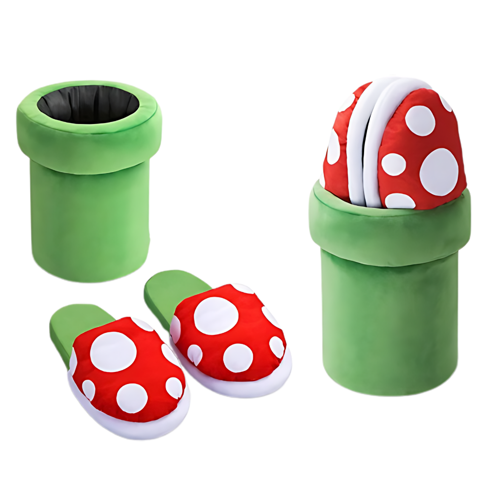 Pantuflas de pelúcia do Mario com planta Piranha, sapatos confortáveis da Focusnorm, com design fofo de personagem de videogame.