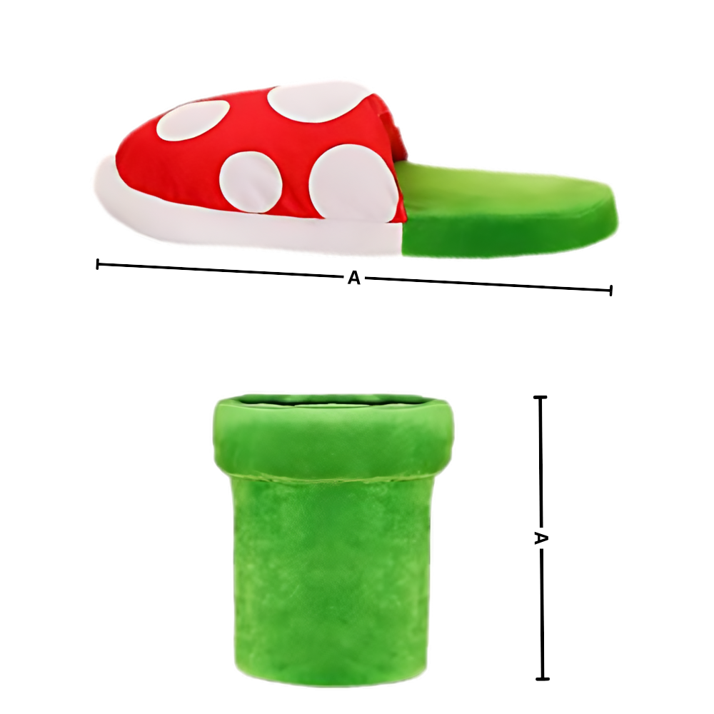 Pantuflas de pelúcia do Mario com planta piranha, estilo confortável e divertido, para fãs de jogos e personagens da Nintendo.