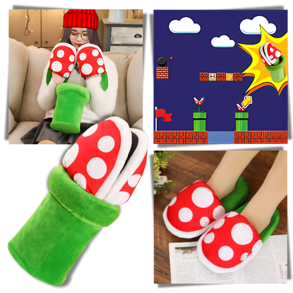 Pantuflas de pelúcia Mario com planta piranha, estilo confortável, da marca Focusnorm, ideal para fãs de jogos e cosplay.