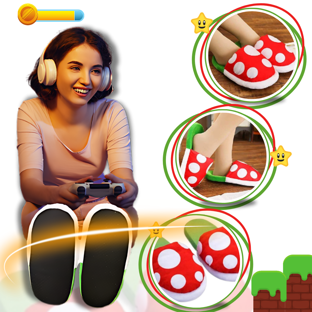 Pantuflas de pelúcia do Mario com planta piranha, estilo confortável e divertido, da marca Focusnorm.