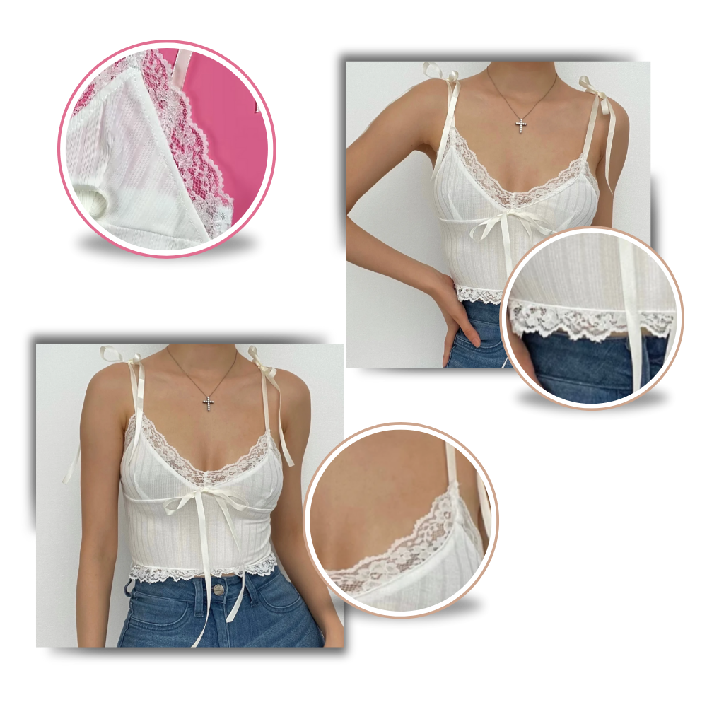 Top cropped com detalhes de bordas em renda, estilo elegante, da marca Yiwei, ideal para looks sofisticados e modernos.