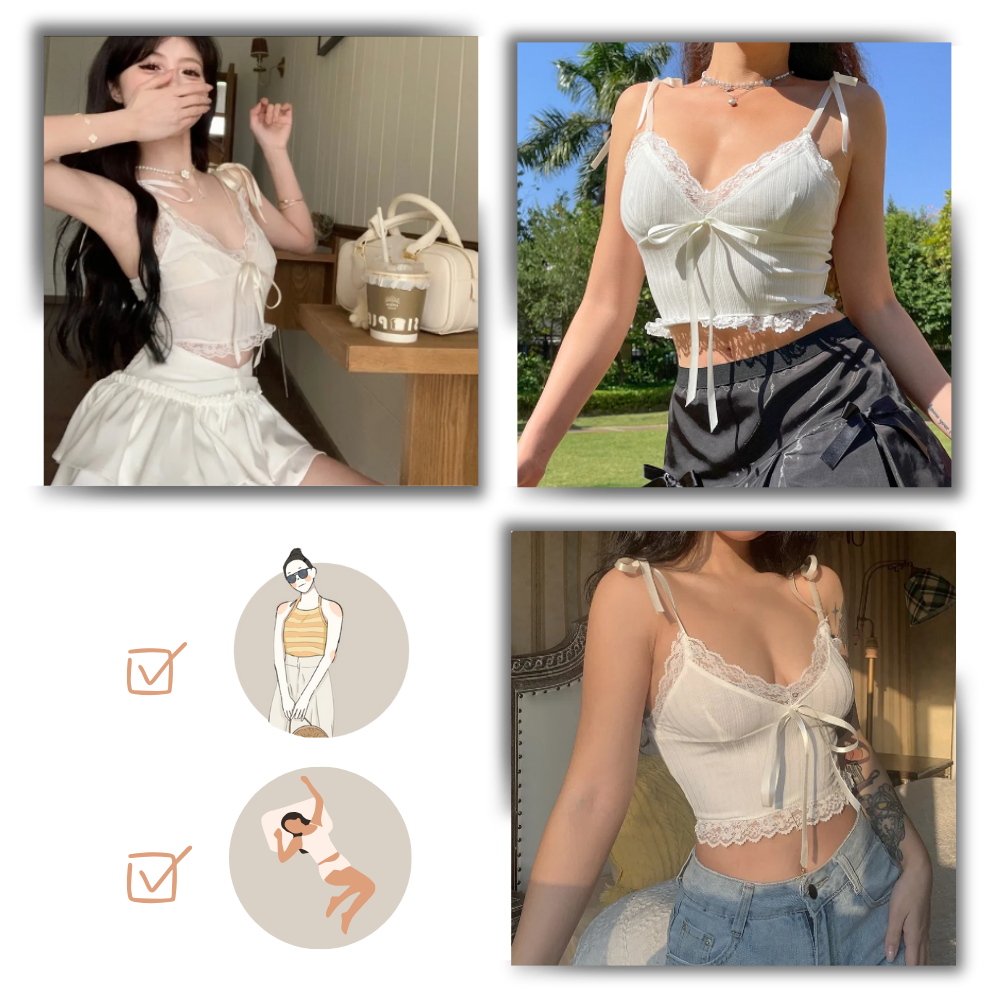 Top crop com bordas de renda delicada da marca Yiwei, estilo suave e elegante, para looks modernos e femininos.