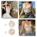 Top crop com bordas de renda delicada da marca Yiwei, estilo suave e elegante, para looks modernos e femininos.