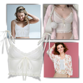 Top cropped da Yiwei com bordas em renda delicada, estilo fashion, ideal para looks modernos e elegantes.