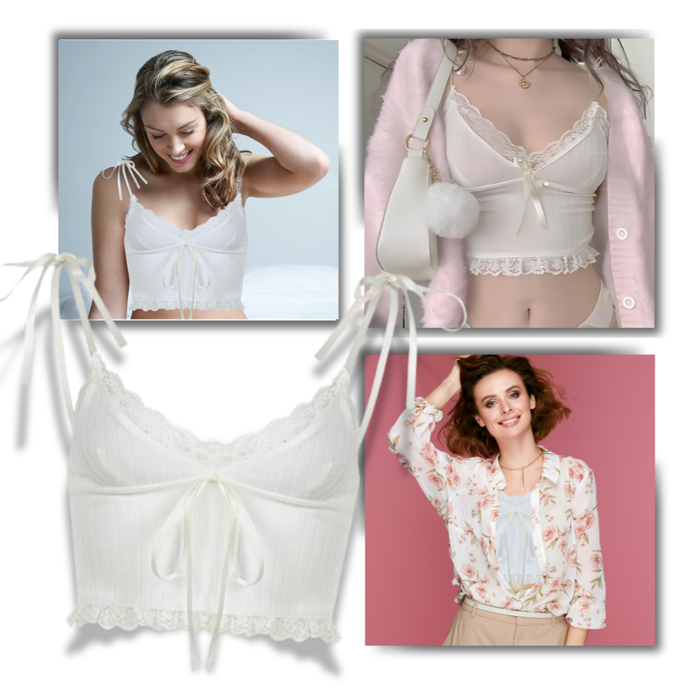 Top cropped da Yiwei com bordas em renda delicada, estilo fashion, ideal para looks modernos e elegantes.
