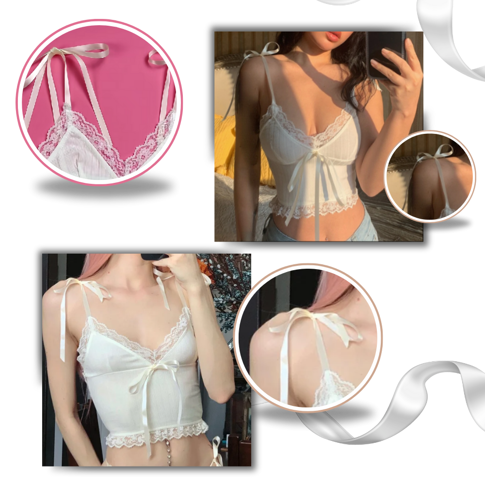 Crop top azul com bordas de renda delicada, estilo casual e elegante, da marca Yiwei, ideal para looks modernos e femininos.
