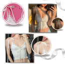 Crop top azul com bordas de renda delicada, estilo casual e elegante, da marca Yiwei, ideal para looks modernos e femininos.