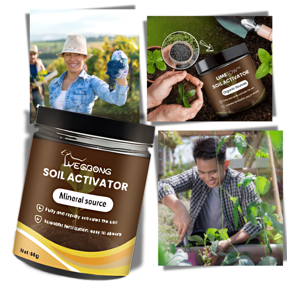 Ativador de solo para jardinagem, produto orgânico Soil Activator com nutrientes naturais, embalagem de 60g.
