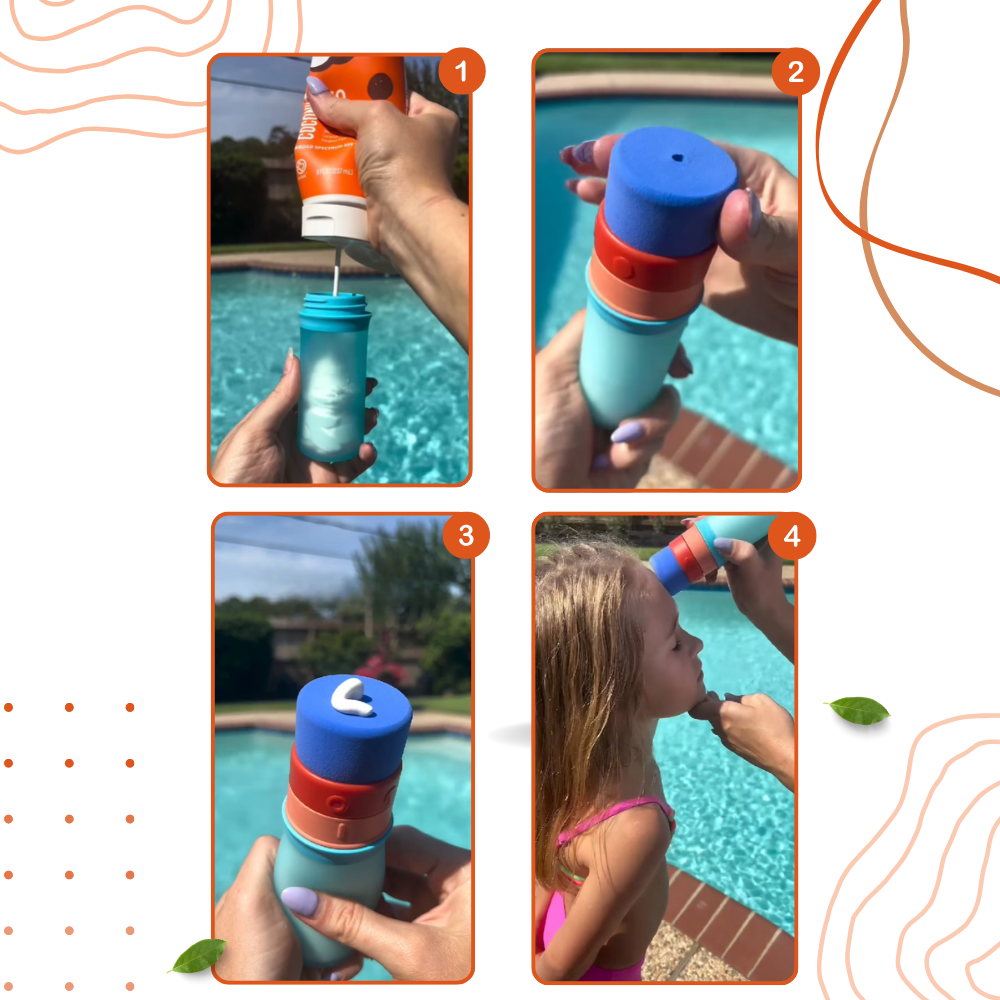 Aplicador de creme solar Solar Buddies, acessório de cosméticos com bico para aplicação fácil e uniforme do protetor solar.